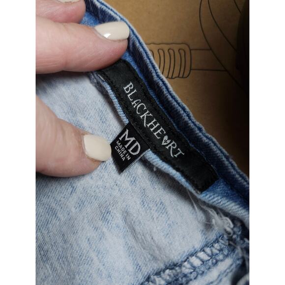 Black Heart Med Acid Washed Denim Dress Heart Pockets Adjustable Full Button - Picture 7 of 9